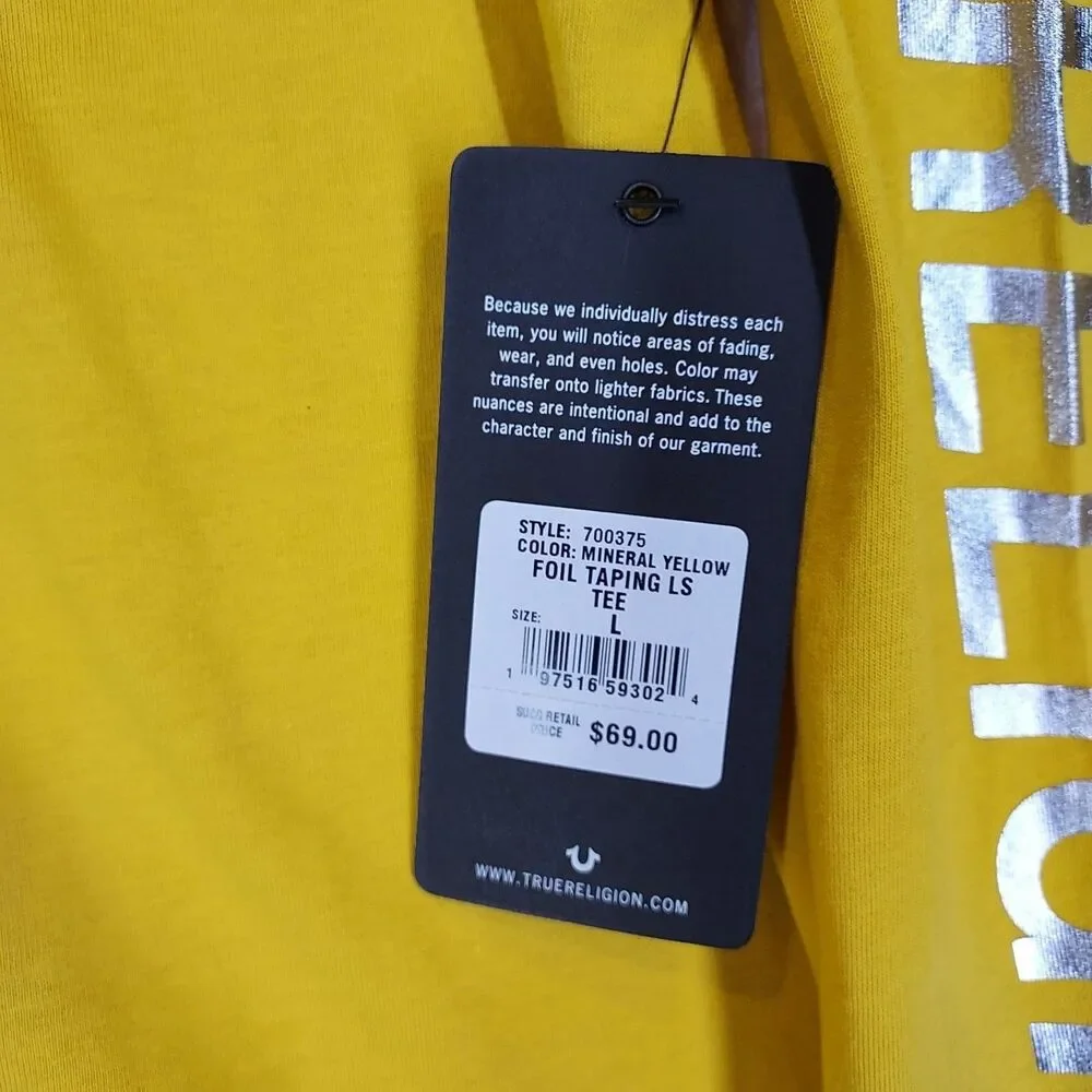 True Religion Mens Mineral Yellow Foil Taping LS Tee Sz L Cotton 700375